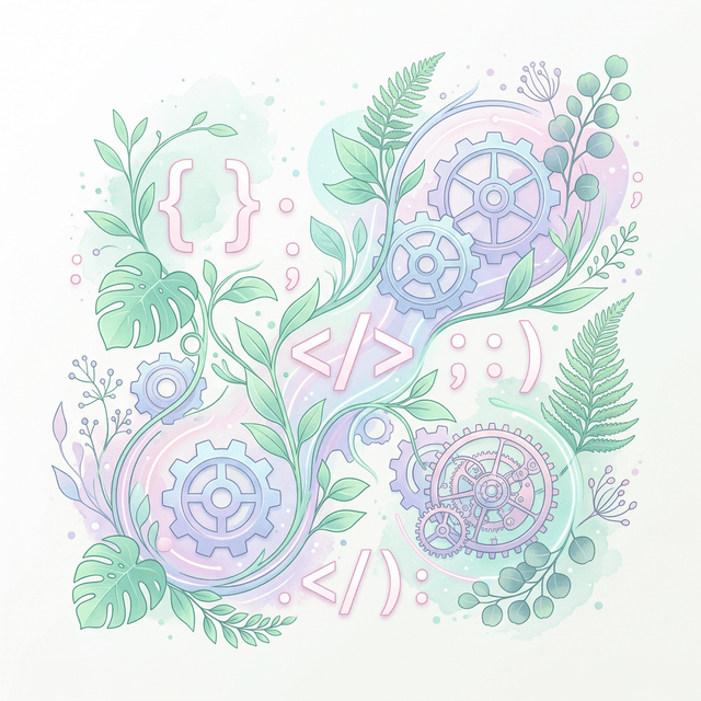 Abstraktní ilustrace — fúze kódu, přírody a mechaniky