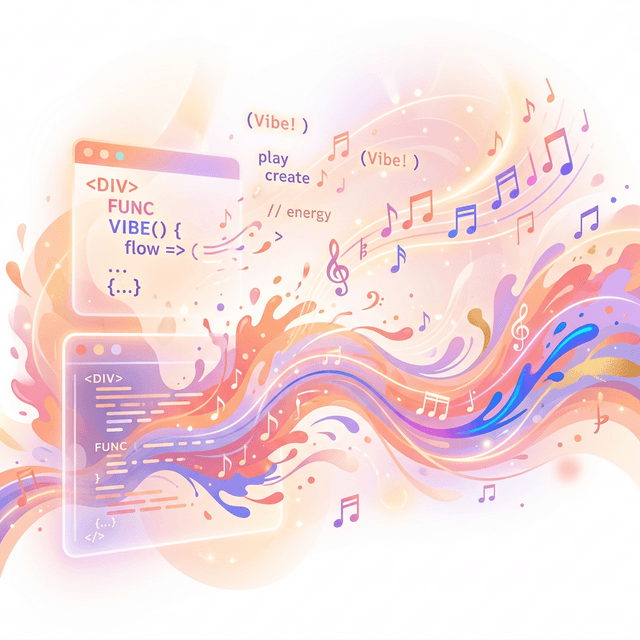 Abstraktní ilustrace vibe codingu — kreativní kód, hudba, barvy